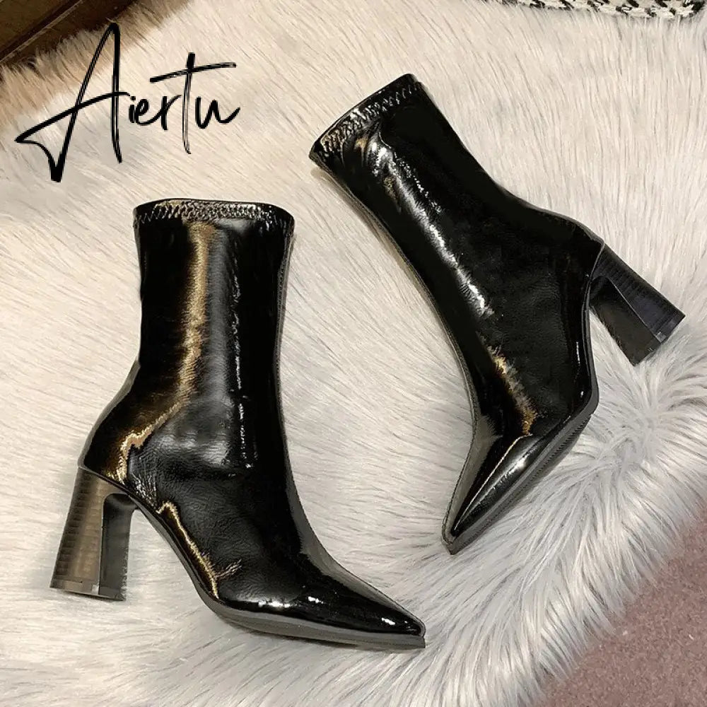 Aiertu Fashion Women Shoes New Luxury Chelsea Boots Female Ankle Boots Solid Leather Slip On Square High Heel Brand Designer Boots Aiertu