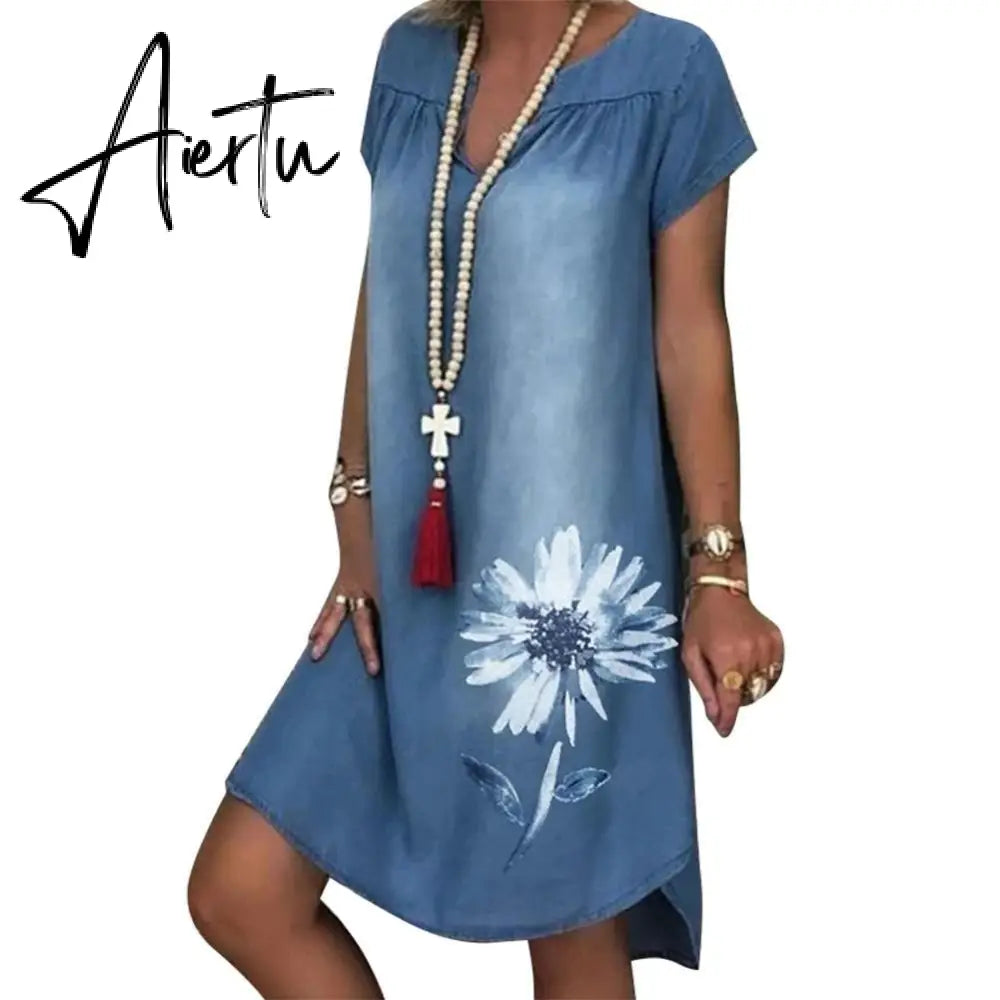Aiertu Fashion Women's Summer Jeans Dress Short Sleeve Chrysanthemum Print Irregular Hem Loose Denim Dress Casual Vintage Women Dress Aiertu
