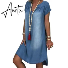 Aiertu Fashion Women's Summer Jeans Dress Short Sleeve Chrysanthemum Print Irregular Hem Loose Denim Dress Casual Vintage Women Dress Aiertu