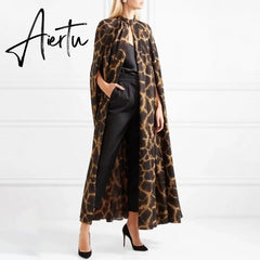 Aiertu Female Cardigan Coat O Neck Cloak Sleeve Print Leopard Maxi Cloaks For Women Autumn Vintage Fashion Aiertu