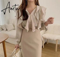 Aiertu Female Fashion Korea Chic Tops Blusas Women Long Sleeve Elegant Basic Wear Office Lady Work Bow Tie Shirt Blouses Aiertu