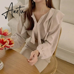 Aiertu Female Fashion Korea Chic Tops Blusas Women Long Sleeve Elegant Basic Wear Office Lady Work Bow Tie Shirt Blouses Aiertu