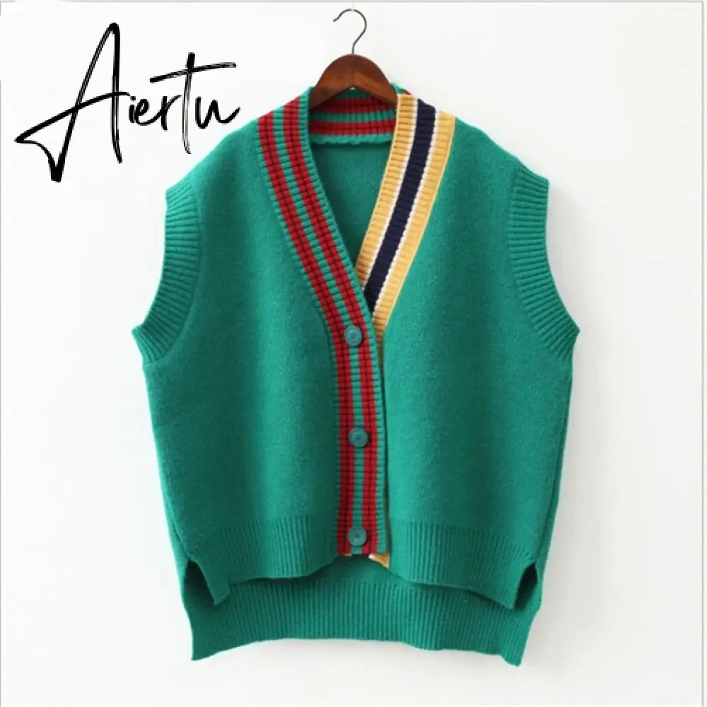 Aiertu Female Fashion Loose Vest V-neck Button Sweater Open Stitch Casual Striped Cardigan Aiertu