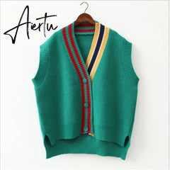 Aiertu Female Fashion Loose Vest V-neck Button Sweater Open Stitch Casual Striped Cardigan Aiertu