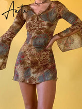 Aiertu Flared Sleeve V Neck Tie Up Vintage Print Y2K A Line Dress Split Elegant Sexy Fairycore Grunge Womens Autumn Dresses Aiertu