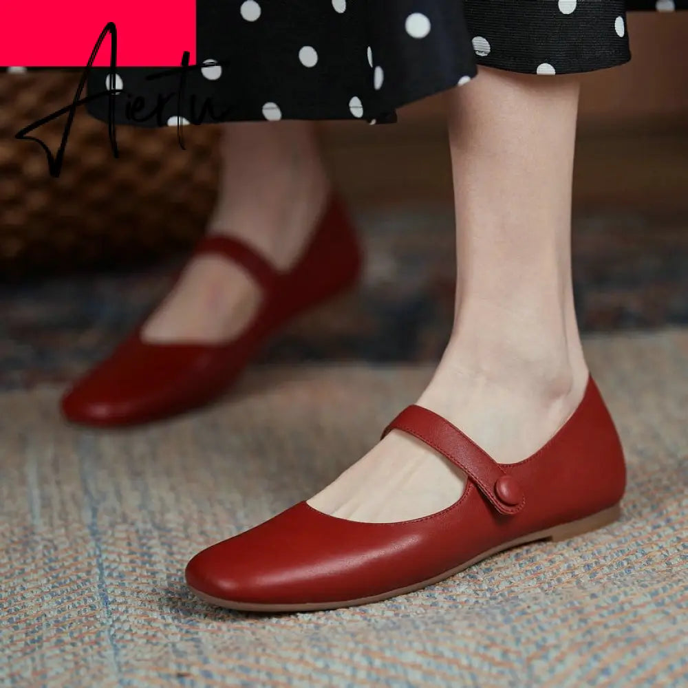 Aiertu Flat Heels Retro Square Toe Genuine Leather Women Shoes Spring Autumn Hook&Loop Casual Female Flats Shoes Size 34-40 Aiertu