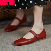 Aiertu Flat Heels Retro Square Toe Genuine Leather Women Shoes Spring Autumn Hook&Loop Casual Female Flats Shoes Size 34-40 Aiertu