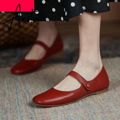 Aiertu Flat Heels Retro Square Toe Genuine Leather Women Shoes Spring Autumn Hook&Loop Casual Female Flats Shoes Size 34-40 Aiertu