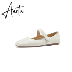 Aiertu Flat Heels Retro Square Toe Genuine Leather Women Shoes Spring Autumn Hook&Loop Casual Female Flats Shoes Size 34-40 Aiertu