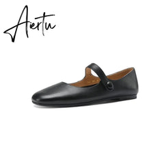 Aiertu Flat Heels Retro Square Toe Genuine Leather Women Shoes Spring Autumn Hook&Loop Casual Female Flats Shoes Size 34-40 Aiertu