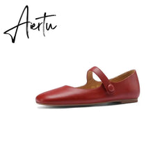 Aiertu Flat Heels Retro Square Toe Genuine Leather Women Shoes Spring Autumn Hook&Loop Casual Female Flats Shoes Size 34-40 Aiertu