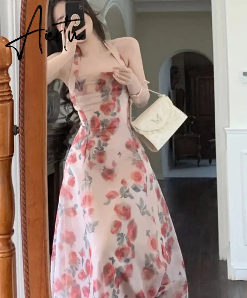 Aiertu Floral Chiffon France Vintage Fairy Dress Print Korean Style Halter Dress Women Backless Sexy Elegant Party Midi Dresses Aiertu