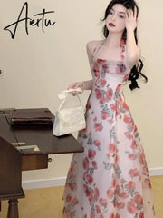 Aiertu Floral Chiffon France Vintage Fairy Dress Print Korean Style Halter Dress Women Backless Sexy Elegant Party Midi Dresses Aiertu