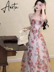 Aiertu Floral Chiffon France Vintage Fairy Dress Print Korean Style Halter Dress Women Backless Sexy Elegant Party Midi Dresses Aiertu