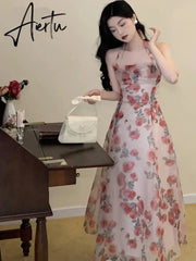 Aiertu Floral Chiffon France Vintage Fairy Dress Print Korean Style Halter Dress Women Backless Sexy Elegant Party Midi Dresses Aiertu