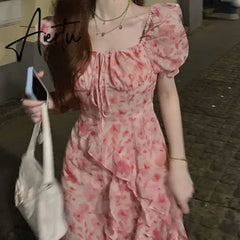 Aiertu Floral Dresses Women Irregular Korean Style Slit Casual Ankle-length Ins Summer Fashion Puff Sleeve Ruffles Female Chic Tender Aiertu