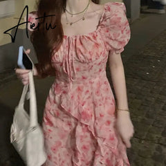 Aiertu Floral Dresses Women Irregular Korean Style Slit Casual Ankle-length Ins Summer Fashion Puff Sleeve Ruffles Female Chic Tender Aiertu