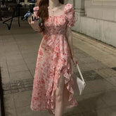 Aiertu Floral Dresses Women Irregular Korean Style Slit Casual Ankle-length Ins Summer Fashion Puff Sleeve Ruffles Female Chic Tender Aiertu