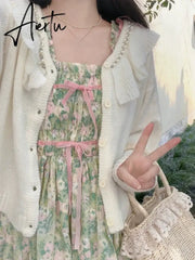 Aiertu Floral Japanese Kawaii Two Piece Set Women France Elegant Bow Fairy Dresses Suit Female Sweet Strap Dress+White Casual Coat Aiertu