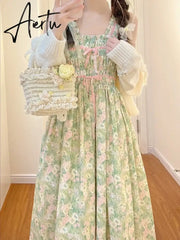 Aiertu Floral Japanese Kawaii Two Piece Set Women France Elegant Bow Fairy Dresses Suit Female Sweet Strap Dress+White Casual Coat Aiertu