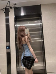 Aiertu Floral Pattern Women Denim Dress with Lace Trim Lacing Backless Halter Corset Miniskirt Summer New Vintage Y2k Clothes Aiertu