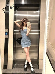 Aiertu Floral Pattern Women Denim Dress with Lace Trim Lacing Backless Halter Corset Miniskirt Summer New Vintage Y2k Clothes Aiertu