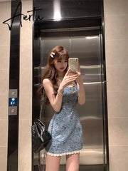 Aiertu Floral Pattern Women Denim Dress with Lace Trim Lacing Backless Halter Corset Miniskirt Summer New Vintage Y2k Clothes Aiertu
