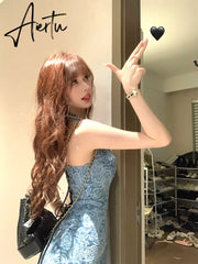 Aiertu Floral Pattern Women Denim Dress with Lace Trim Lacing Backless Halter Corset Miniskirt Summer New Vintage Y2k Clothes Aiertu