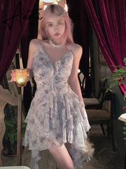 Aiertu Floral Print Korean Fashion Dress Women Ruffles Vintage Sweet Party Mini Dress Female Designer Sexy Strap Dress Summer New Aiertu