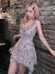 Aiertu Floral Print Korean Fashion Dress Women Ruffles Vintage Sweet Party Mini Dress Female Designer Sexy Strap Dress Summer New Aiertu