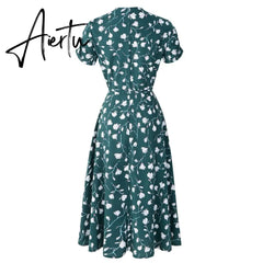 Aiertu Floral Print Summer Bohemian Dress Women V Neck Short Sleeves Yellow Blue Green Chiffon Beach Midi Female Wrap Long Vestidos Aiertu