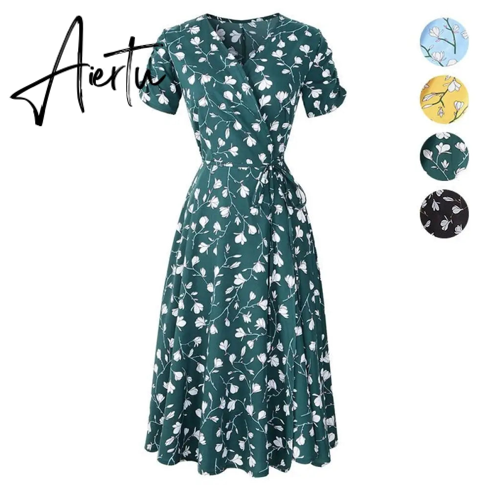 Aiertu Floral Print Summer Bohemian Dress Women V Neck Short Sleeves Yellow Blue Green Chiffon Beach Midi Female Wrap Long Vestidos Aiertu