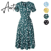 Aiertu Floral Print Summer Bohemian Dress Women V Neck Short Sleeves Yellow Blue Green Chiffon Beach Midi Female Wrap Long Vestidos Aiertu
