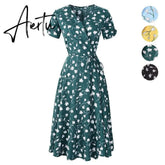 Aiertu Floral Print Summer Bohemian Dress Women V Neck Short Sleeves Yellow Blue Green Chiffon Beach Midi Female Wrap Long Vestidos Aiertu