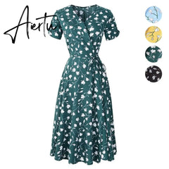 Aiertu Floral Print Summer Bohemian Dress Women V Neck Short Sleeves Yellow Blue Green Chiffon Beach Midi Female Wrap Long Vestidos Aiertu