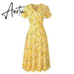 Aiertu Floral Print Summer Bohemian Dress Women V Neck Short Sleeves Yellow Blue Green Chiffon Beach Midi Female Wrap Long Vestidos Aiertu