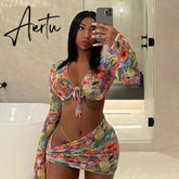 Aiertu Floral Printed Mesh Sexy Top and Skirts Sets Summer Vacation Outfits Rave Party Club Wear Two Piece Set Aiertu