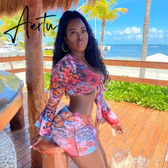 Aiertu Floral Printed Mesh Sexy Top and Skirts Sets Summer Vacation Outfits Rave Party Club Wear Two Piece Set Aiertu