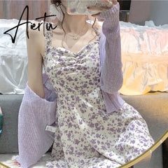 Aiertu Floral Slip Dress Fairy Dress Ladies Mini A-line Strap Dress High Waist Ruched Purple Sundress For Women Spring Clothing Robe Femme Aiertu