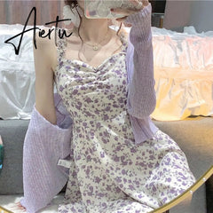 Aiertu Floral Slip Dress Fairy Dress Ladies Mini A-line Strap Dress High Waist Ruched Purple Sundress For Women Spring Clothing Robe Femme Aiertu