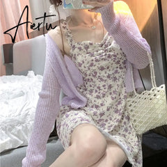 Aiertu Floral Slip Dress Fairy Dress Ladies Mini A-line Strap Dress High Waist Ruched Purple Sundress For Women Spring Clothing Robe Femme Aiertu