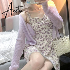Aiertu Floral Slip Dress Fairy Dress Ladies Mini A-line Strap Dress High Waist Ruched Purple Sundress For Women Spring Clothing Robe Femme Aiertu