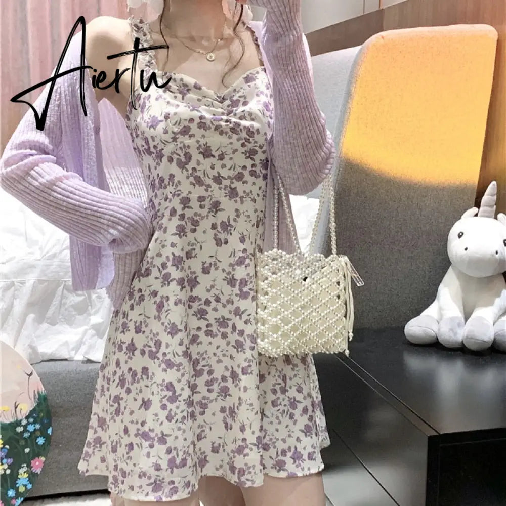 Aiertu Floral Slip Dress Fairy Dress Ladies Mini A-line Strap Dress High Waist Ruched Purple Sundress For Women Spring Clothing Robe Femme Aiertu