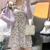 Aiertu Floral Slip Dress Fairy Dress Ladies Mini A-line Strap Dress High Waist Ruched Purple Sundress For Women Spring Clothing Robe Femme Aiertu