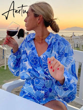 Aiertu Flower Print Blue Short Sets Women Matching Set Blue Summer Spring Two Pieces Sets Suits Oversized Top Shorts Aiertu