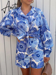 Aiertu Flower Print Blue Short Sets Women Matching Set Blue Summer Spring Two Pieces Sets Suits Oversized Top Shorts Aiertu