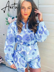 Aiertu Flower Print Blue Short Sets Women Matching Set Blue Summer Spring Two Pieces Sets Suits Oversized Top Shorts Aiertu