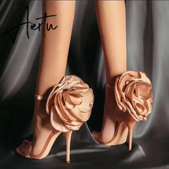 Aiertu Flower Shoes Woman European And American-Style Big Flower Sandals Shoes Evening Nightclub Shoes Black Powder High Heels Sandals Aiertu