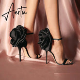 Aiertu Flower Shoes Woman European And American-Style Big Flower Sandals Shoes Evening Nightclub Shoes Black Powder High Heels Sandals Aiertu