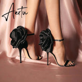 Aiertu Flower Shoes Woman European And American-Style Big Flower Sandals Shoes Evening Nightclub Shoes Black Powder High Heels Sandals Aiertu